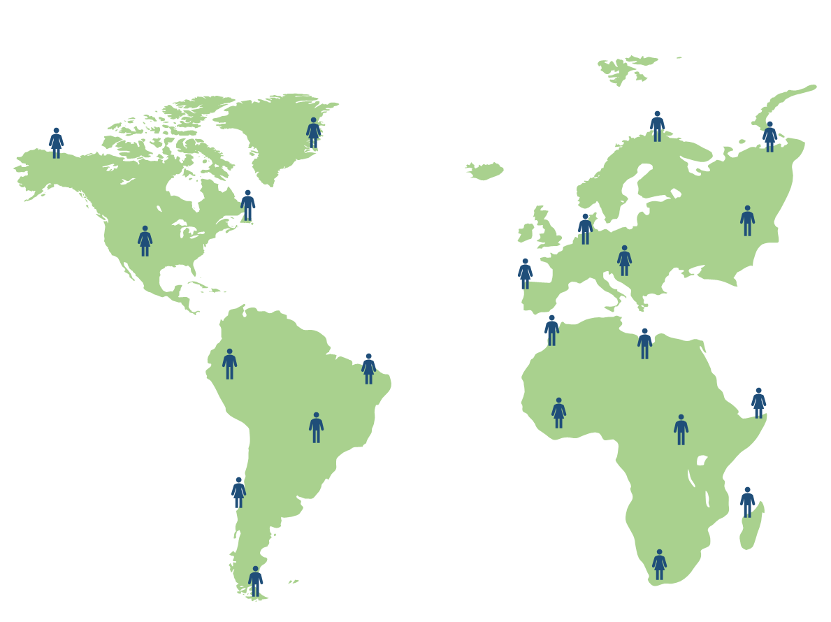 A world map in green with dark blue human icons placed across North and South America, Europe, and Africa.